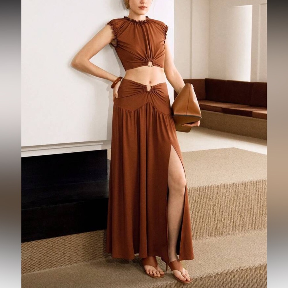 Rust brown stretchy 2 piece matching SET maxi skirt & top set, stretchy - Picture 6 of 7